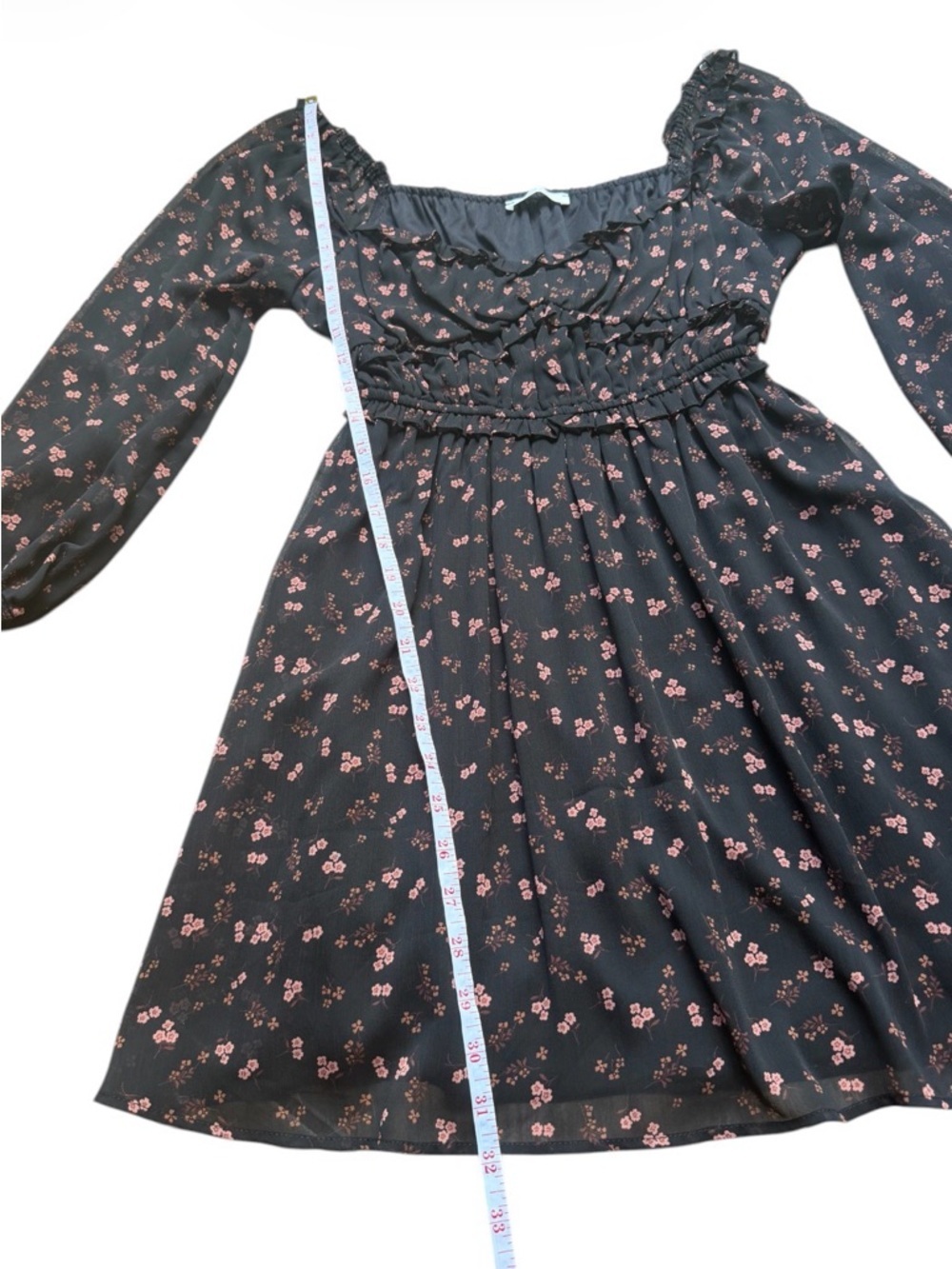 Lush Black Floral Mini Dress NWT Long Sleeve Ruffle Boho Babydoll Small - Picture 3 of 8